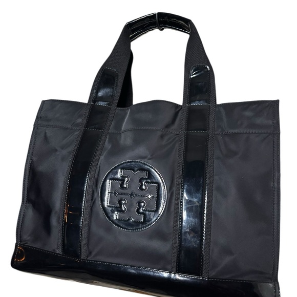 Tory Burch Ella Nylon Tote Black Patent Trim Large Logo Bag - Picture 3 of 10